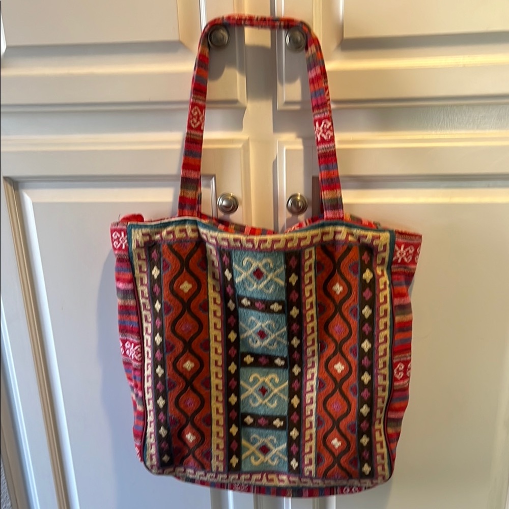 Vibrant Red and Blue Patterned Tote Bag